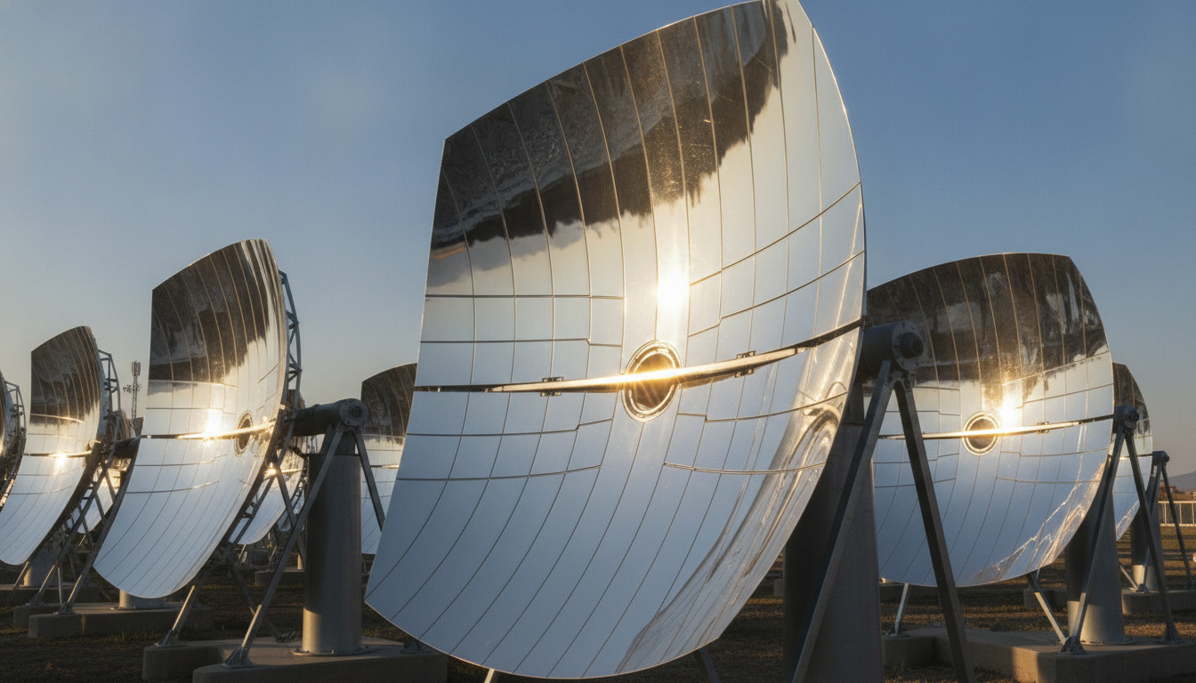 Nærbillede af solstråler, der reflekteres i en bølget spejlflade med varmt guldlys og dramatiske skygger mod blå himmel.
