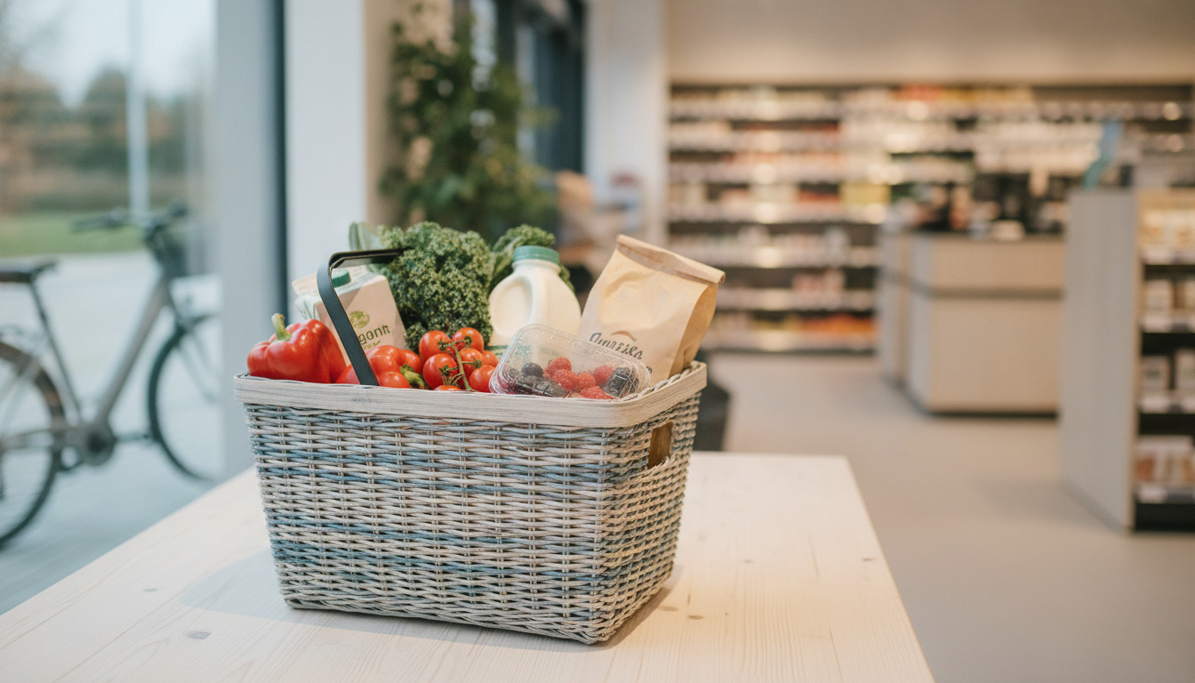 Tæt billede af kurv fyldt med friske grøntsager, mælkeprodukter og pakker på lysbrun træbord.