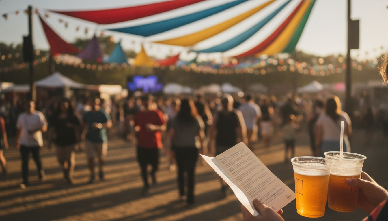 Nærbillede af hænder med festivalbilletter og drikkekrus foran uskarp festivalfolk og farverig pynt.