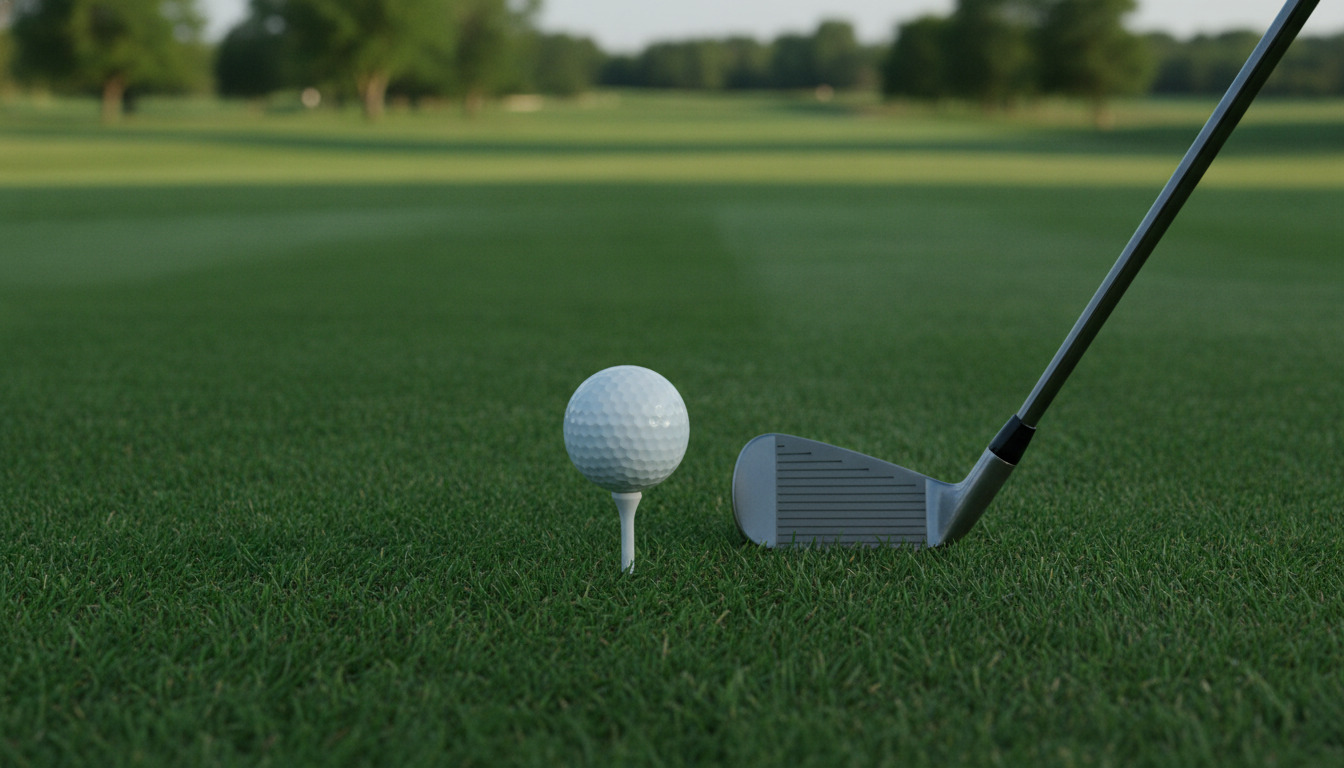 Golfbold på tee med golfkølle ved siden af på grønt græs, close-up.