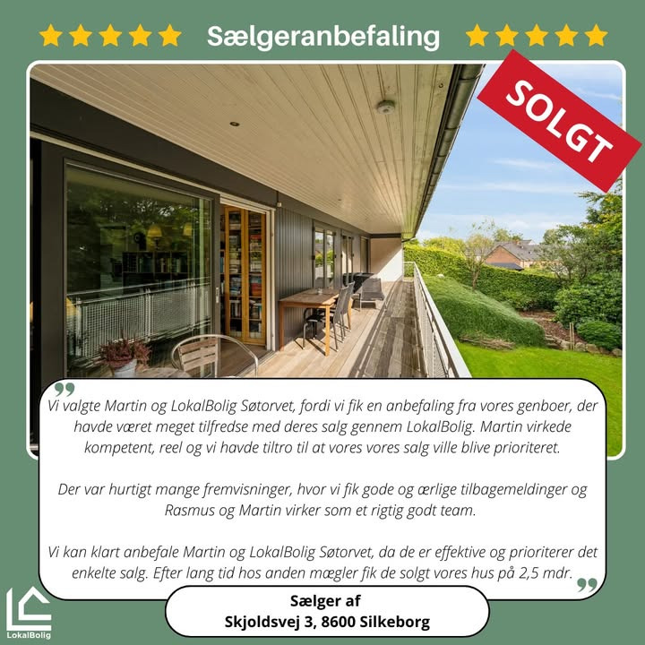 Lokalbolig Silkeborg fremhæver tilfreds kunde med hussalg på Skjoldsvej 3
