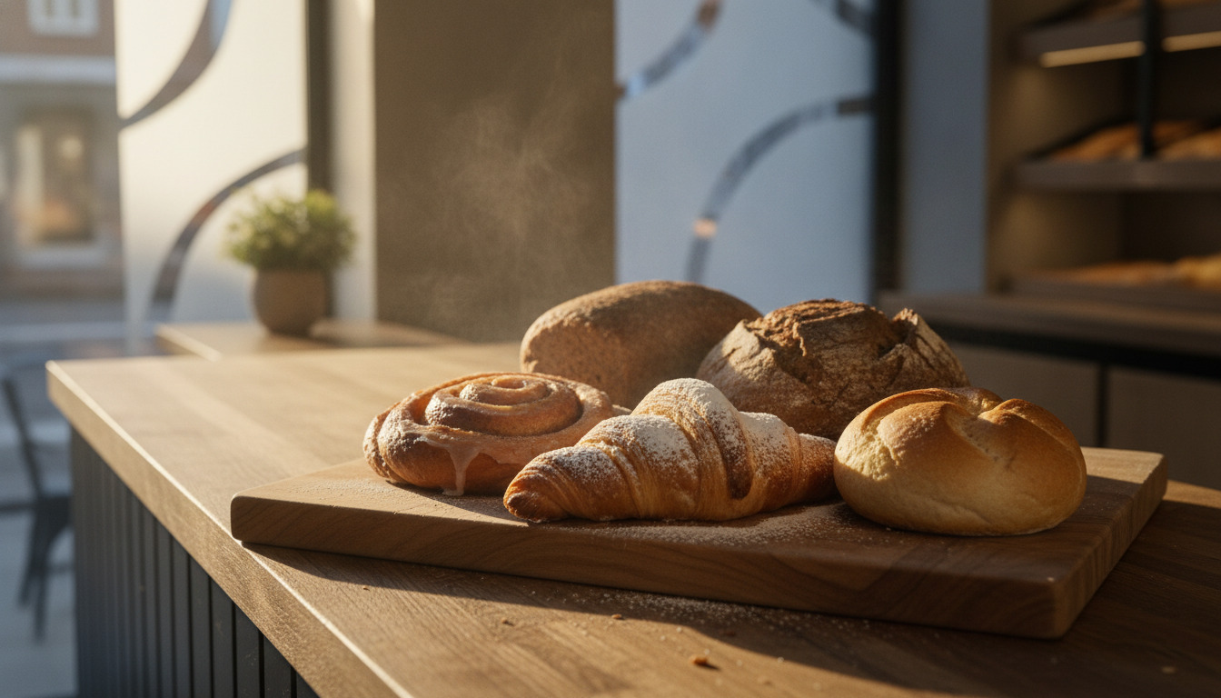 Friskbagt dansk bageri på træbræt med croissant, wienerbrød, rugbrød og rundstykker i varmt morgenlys.