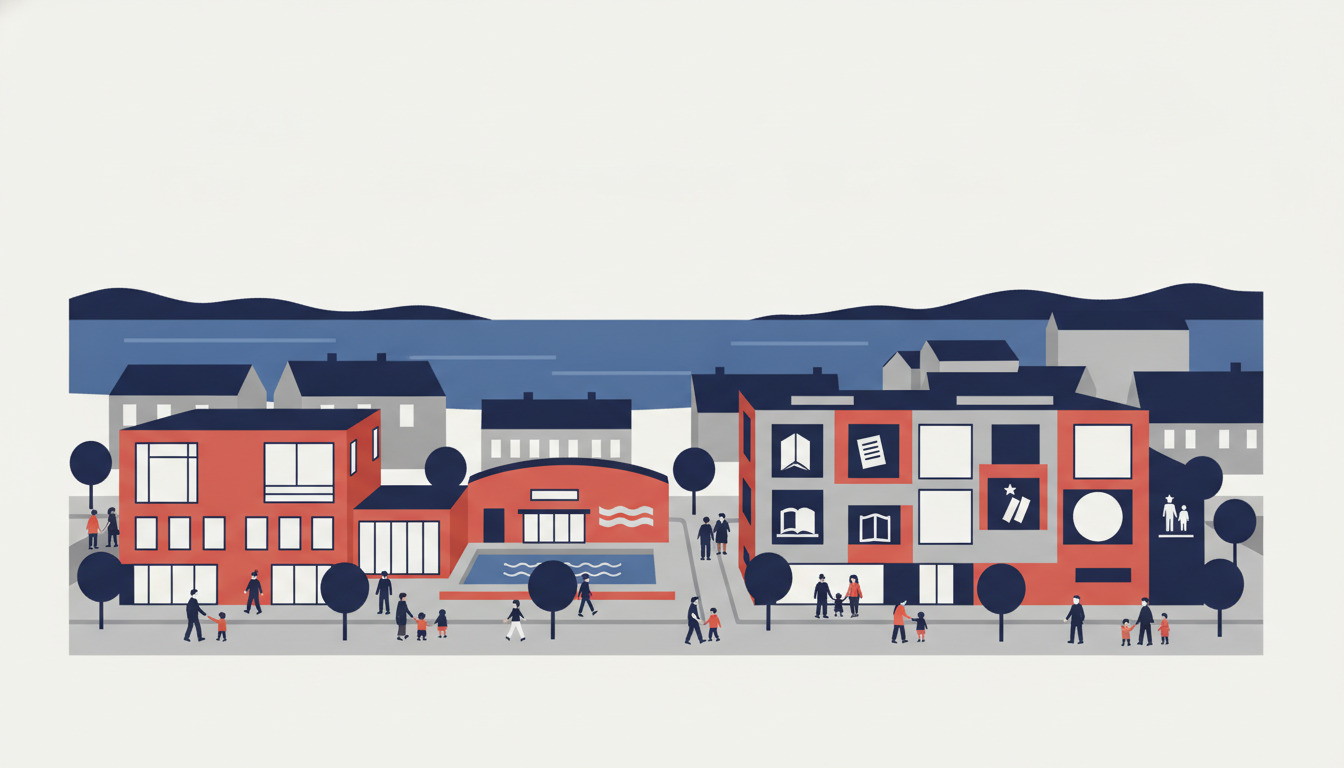Fladvektorillustration af Hadsund bymidte med røde moderne offentlige bygninger (skole, kulturcenter, bibliotek, biograf), træbeplantede gader, mangfoldige borgere og Mariager Fjord i baggrunden.