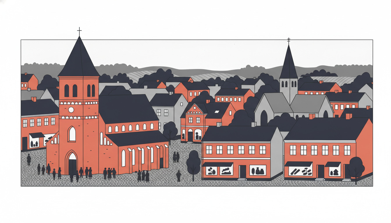 Middelalderlig romansk murstenskirke med markant tårn dominerer Ringsteds bymidte, omgivet af boligbygninger og bysbørn samlet ved indgangen.