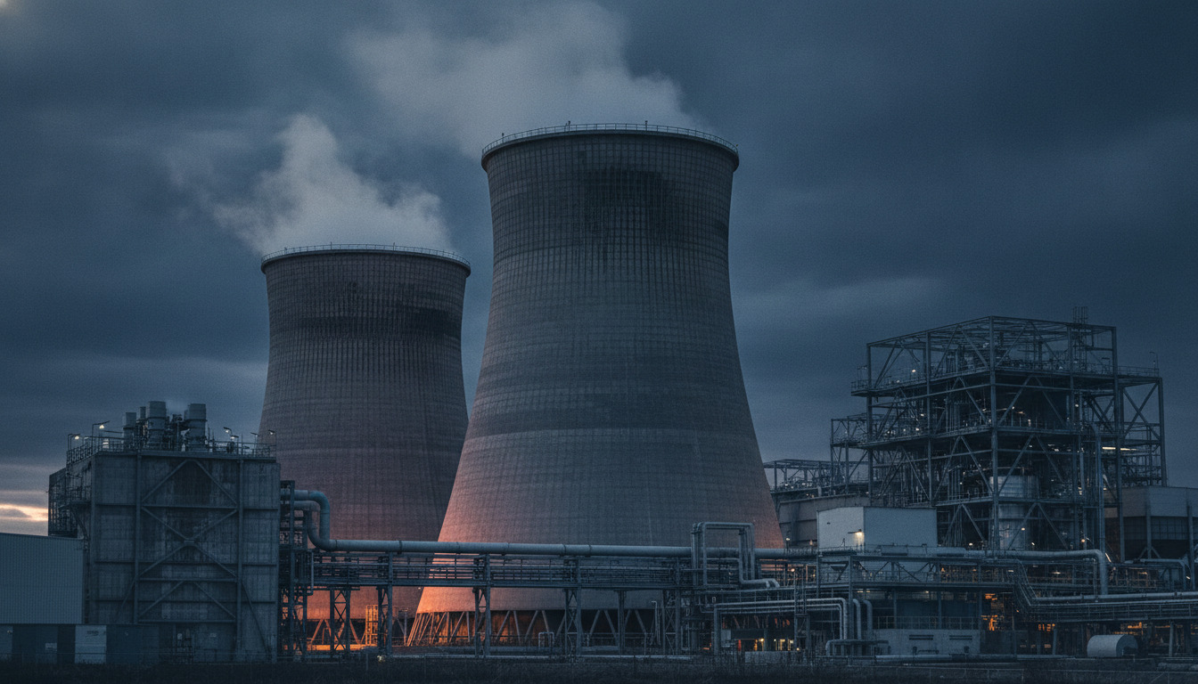 Tæt optagelse af industrielle køleanlæg og stålstruktur mod dramatisk himmel ved skumring.