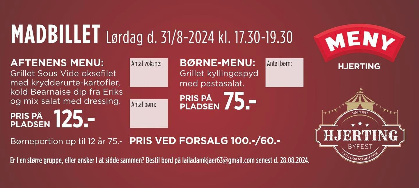 Meny Hjerting opfordrer til forudbestilling af mad til byfesten og støtter lokal idrætsforening
