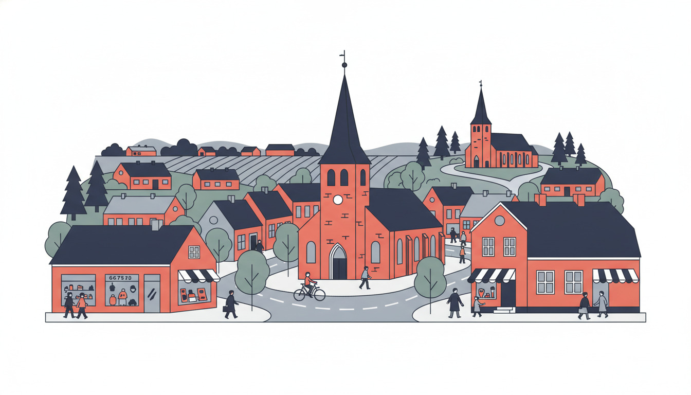 Illustration af byen Fjerritslev med to mursten kirker: én central med høj spir på træbeplantset torg, en anden til højre med spir blandt spredt liggende huse, røde mursten bygninger, stedsegrønne træer, kuperet dansk landskab.