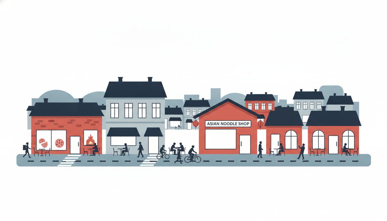 Gadekryds i centrum af Galten med spisesteder: pizzeria med pizzaudstillinger, asiatisk nudelbutik med skilte, burgerrestauranter og caféer med udendørs siddepladser og fodgængertrafik.