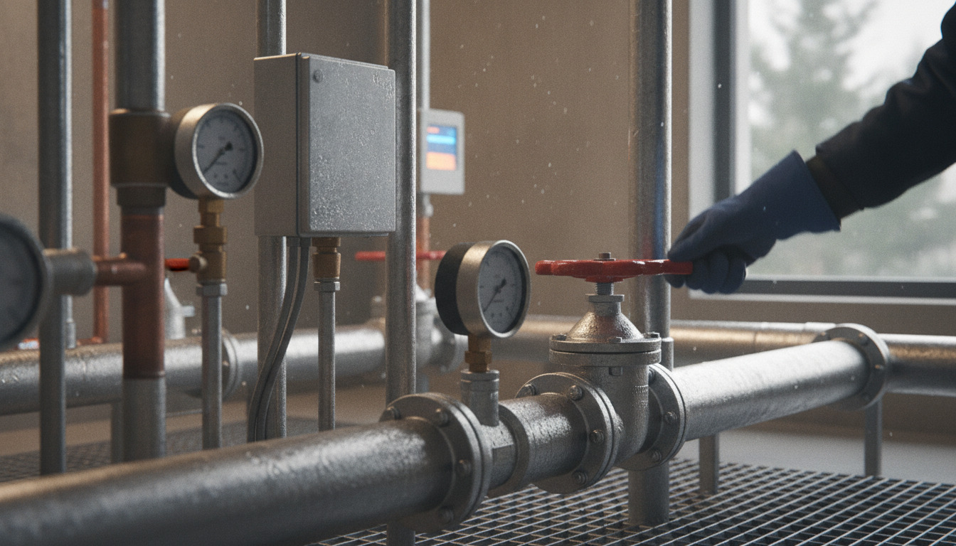 Nærbillede af industrielle rør, trykmålere og ventiler med vanddråber på metaloverflader. En hånd i handske justerer en ventil.