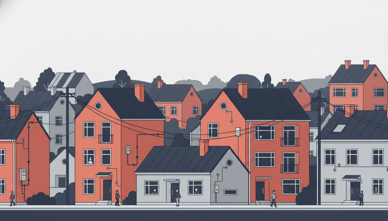 Flad vektorillustration af et boligkvarter i Frederikshavn med røde mursten- og grå huse, mørke tage, luftledninger og personer på gaden, som repræsenterer et samfund med moderne bredbåndsopkobling.