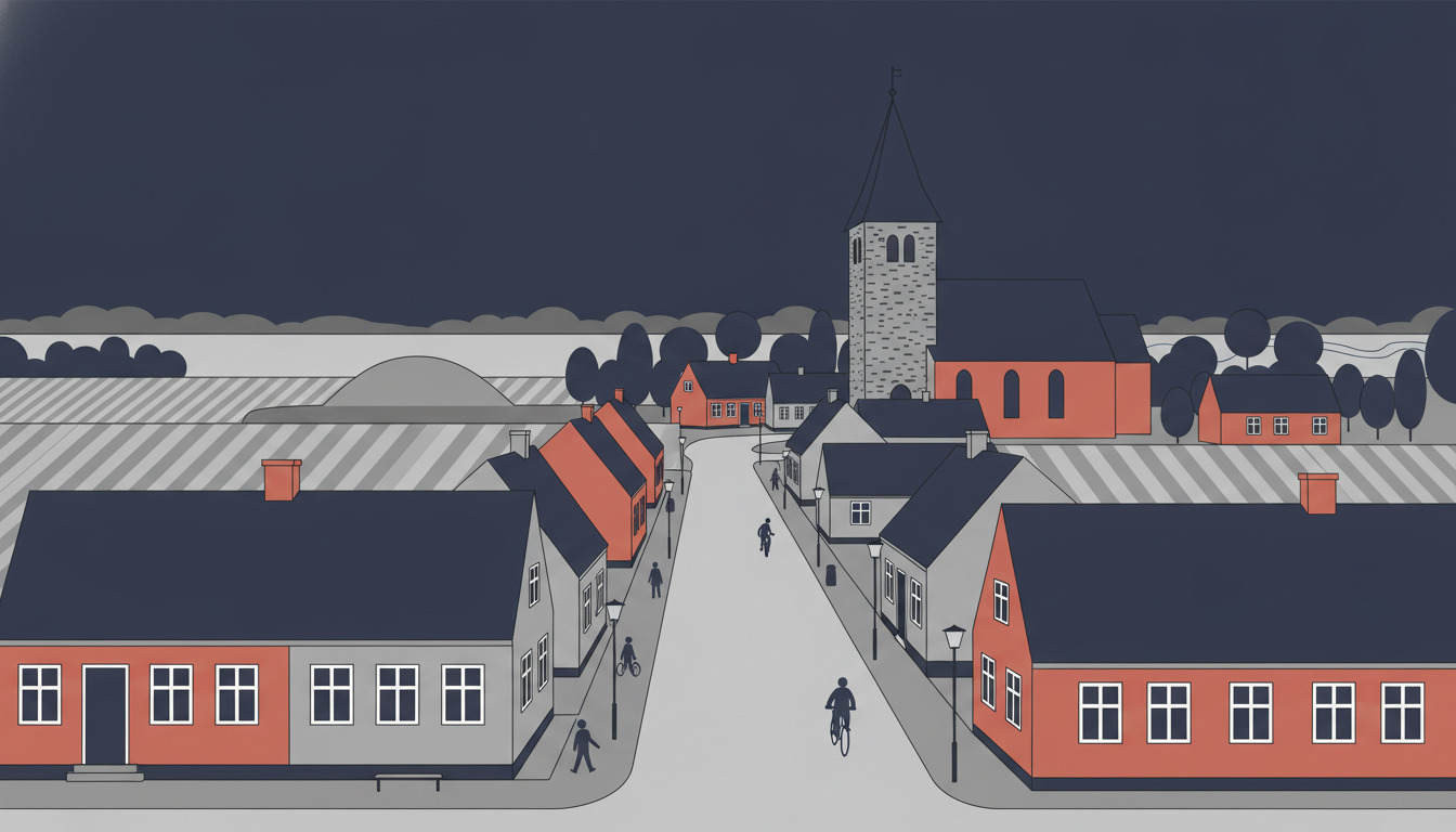 Fladt vektorillustration af Ejstrupholm, der viser en rolig hovedgade med traditionelle danske røde mursten- og hvide bygninger, et romansk kirketårn med stentekstur, der rejser sig bagved, mørktage huse og rullebakkelandskab med marker uden for.