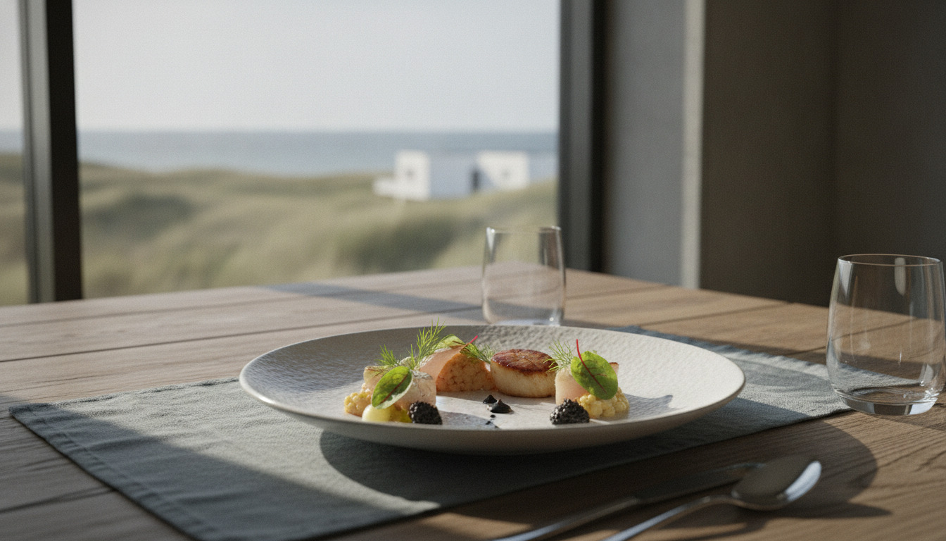 Et kunstnerisk anrettet nordisk ret med fiskeprodukter på hvidt keramik ved et bord med søudsigt i baggrund.