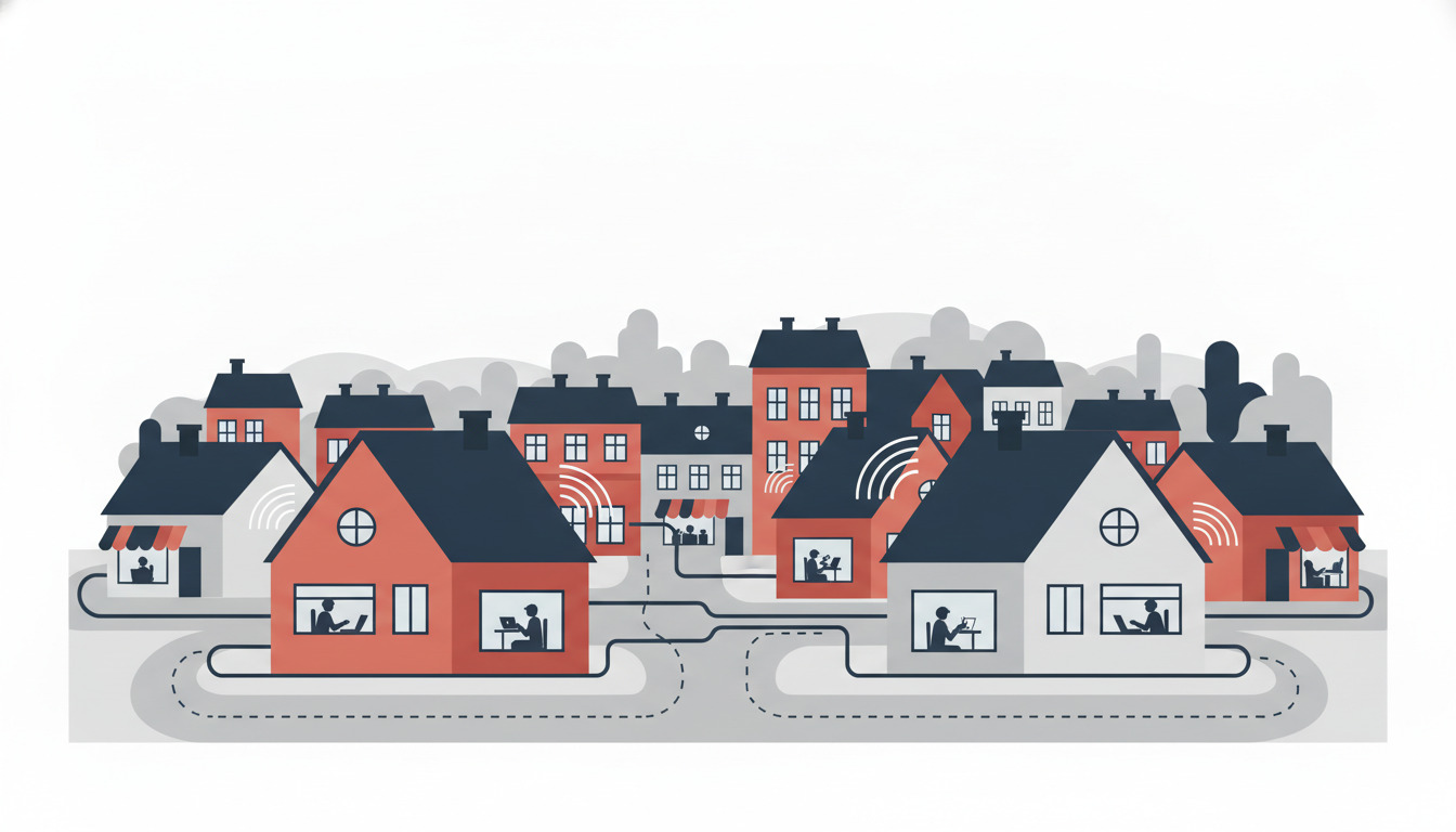 Fladvektorillustration af et moderne boligkvarter i Næstved med røde mursten- og hvide huse forbundet af underjordiske fiberoptiske netværk, som viser beboere, der bruger enheder indendørs til fjernarbejde, videosamtaler og digitale aktiviteter.