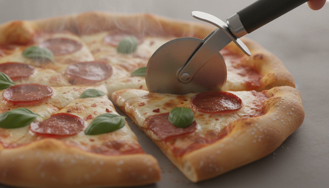 Tætbilled af pizzaskærer, der skærer gennem pizza med smelteost og topping.