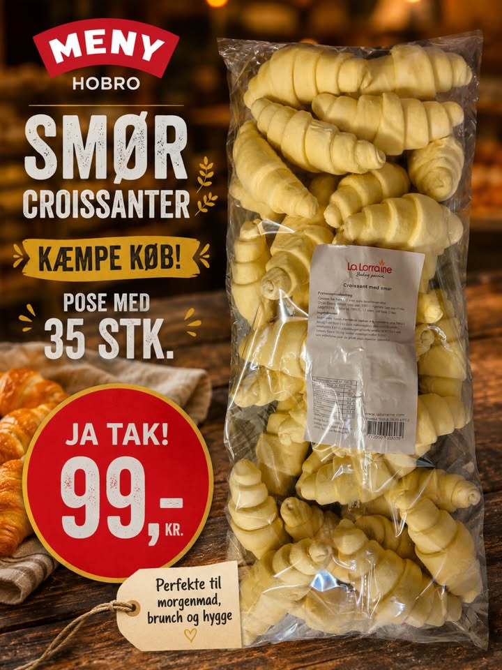 MENY Hobro sælger poser med 35 smørcroissanter til 99 kr.