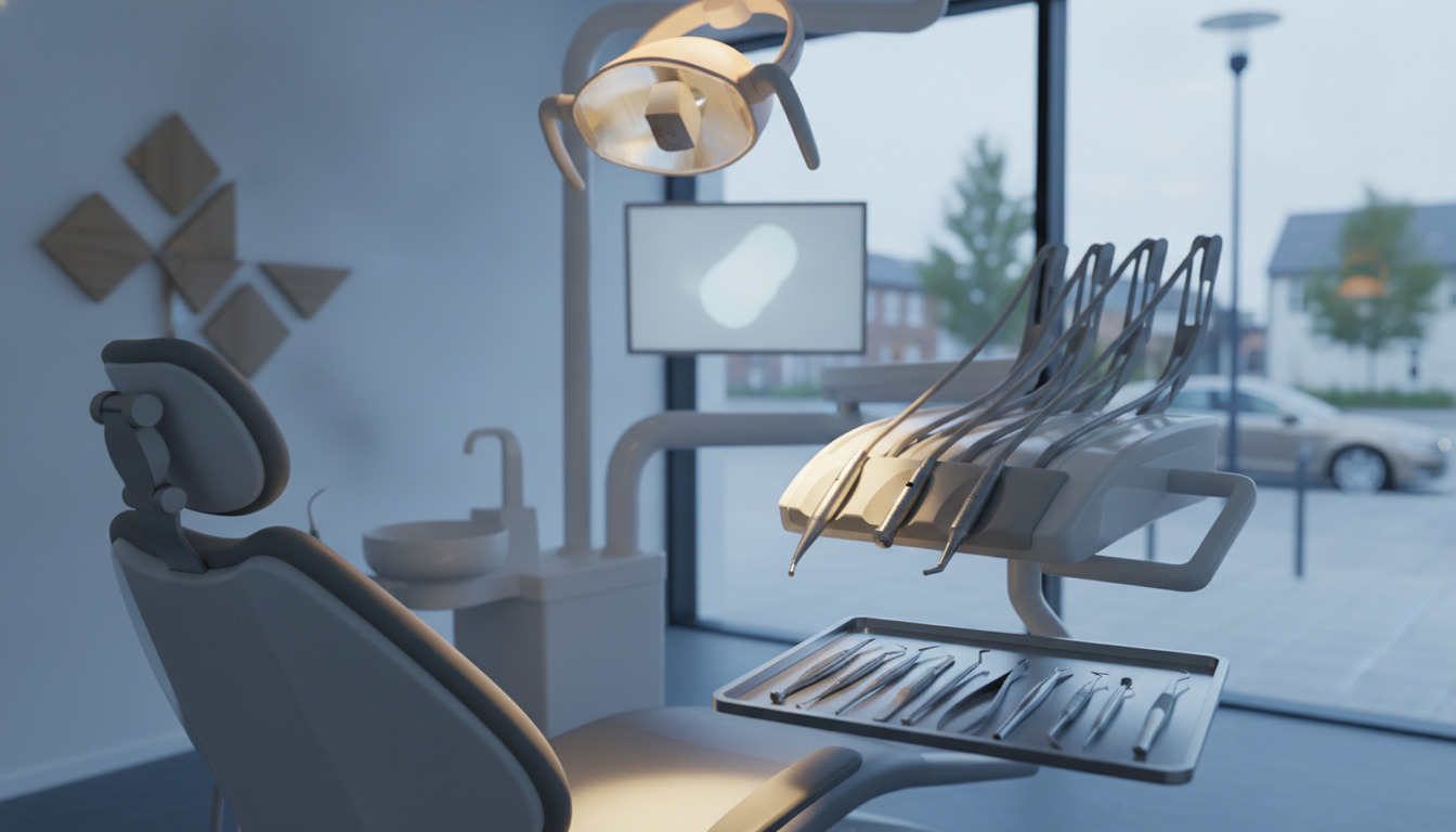 Tætbillede af tandlægeklinik med stol, overhead-lampe og instrumenter på bakke.