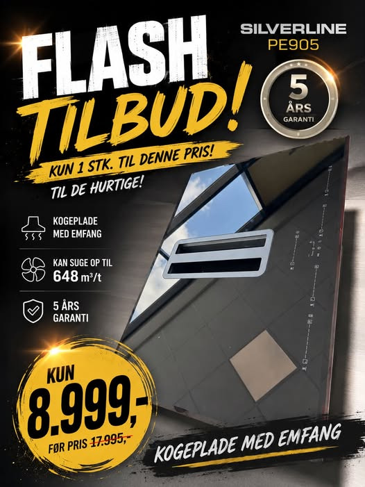 Skousen Herning tilbyder Silverline PE905 kogeplade med integreret emfang til 8.999 kr.