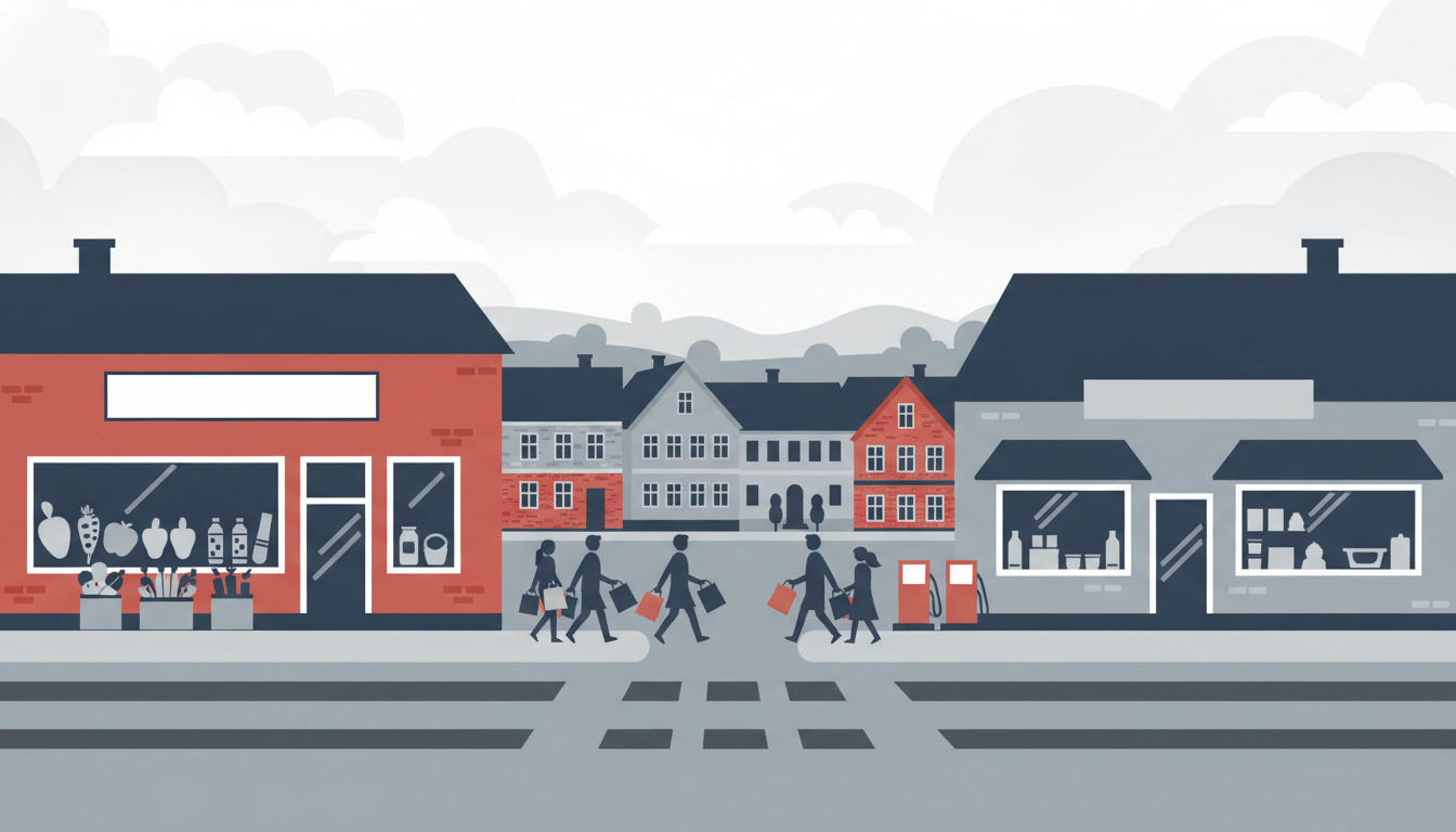 Gadeplan i Ejstrupholm by center med Spar supermarked (rødt butiksfacade til venstre) og Circle K kiosk (til højre) overfor hinanden, butikker som krydser mellem dem, dansk arkitektur i baggrunden.