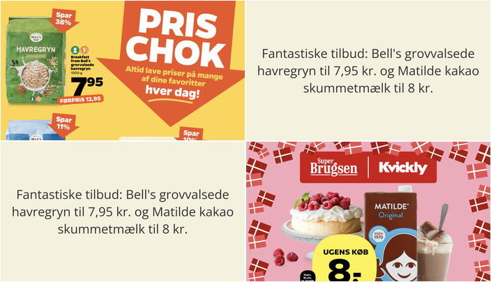 Fantastiske tilbud: Bell's grovvalsede havregryn til 7,95 kr. og Matilde kakao skummetmælk til 8 kr.