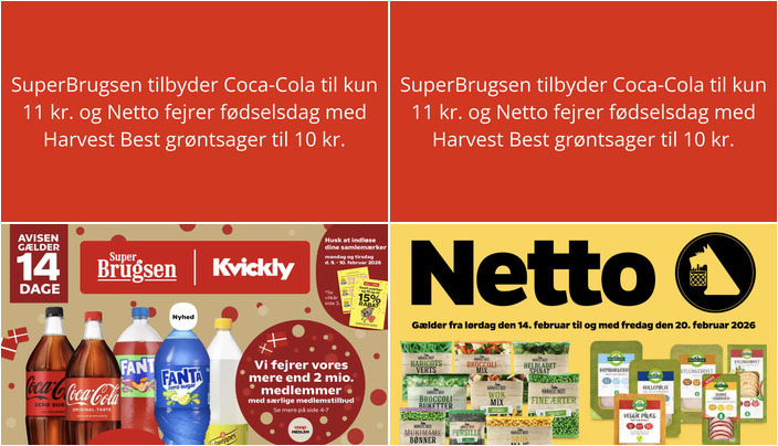 SuperBrugsen tilbyder Coca-Cola til kun 11 kr. og Netto fejrer fødselsdag med Harvest Best grøntsager til 10 kr.