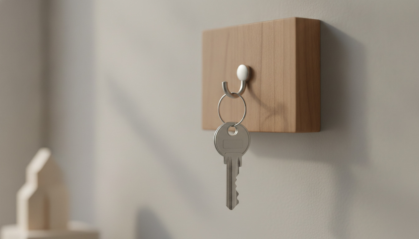 Nøgle hængende på træ-nøgleholder mod blank væg med blød naturlys.