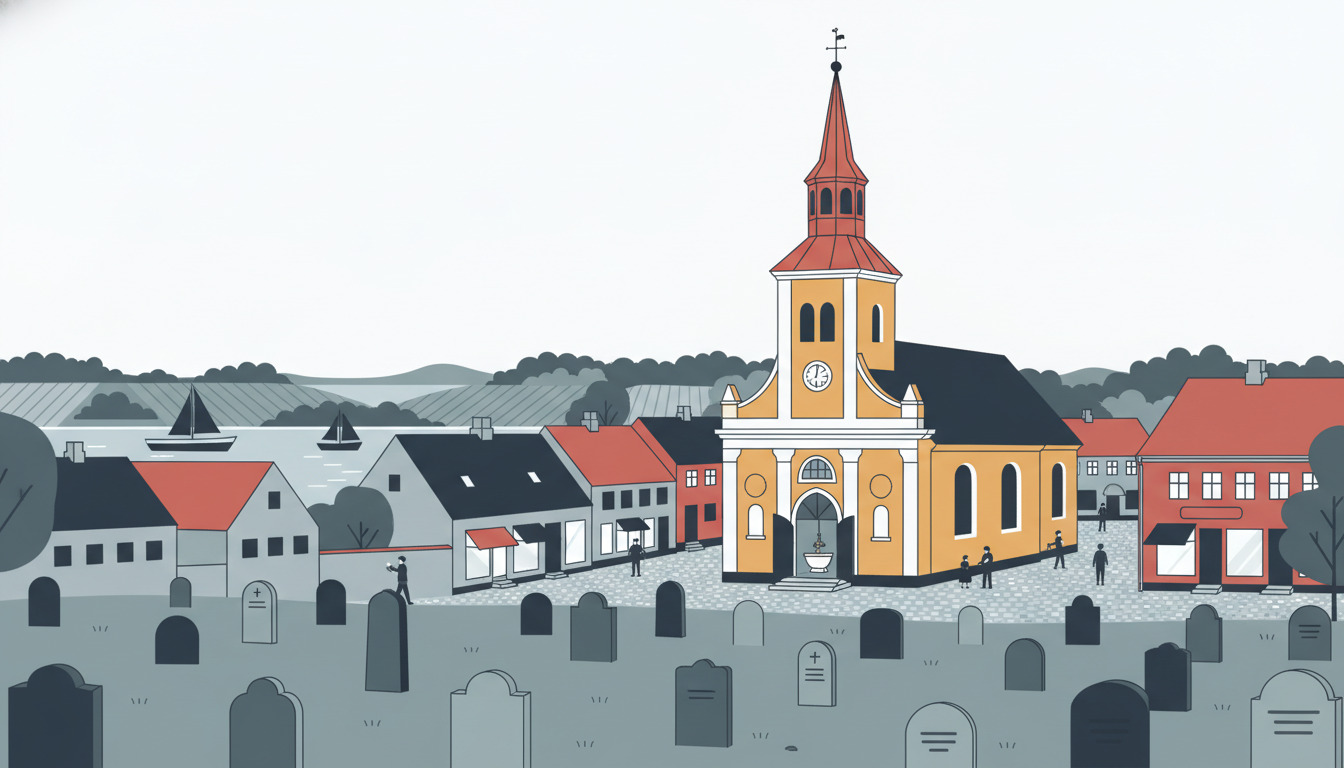 Flad vektorillustration af Ærøskøbings kirke med karakteristiske gule mursten, rødt kobberbelagt spir og klokkekld, omgiver af charmerende tage, havn og kirkegård med gravsten i forgrunden.