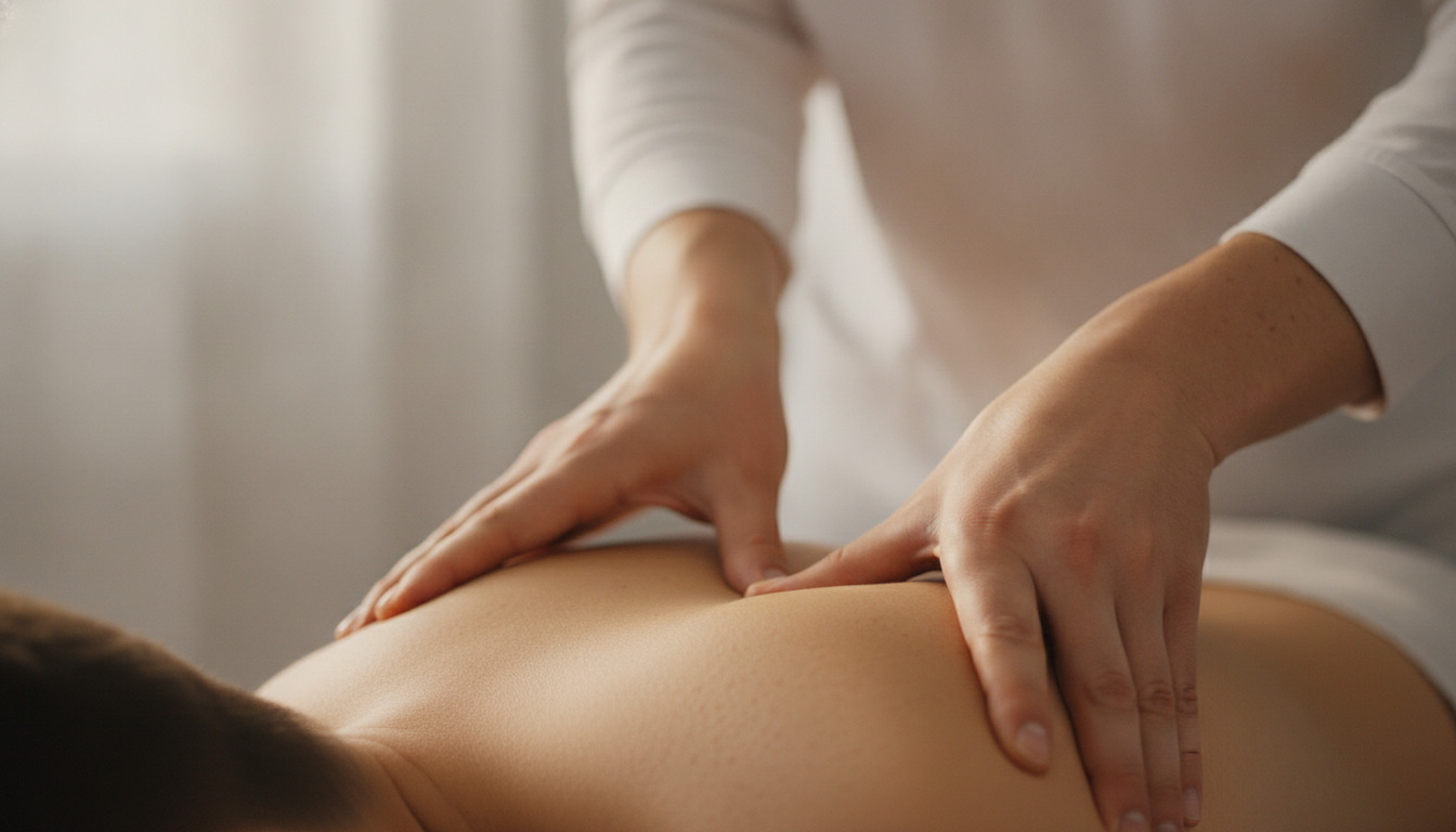Terapeuthænder udfører massagebehandling på patientens skuldrer i naturligt lys.