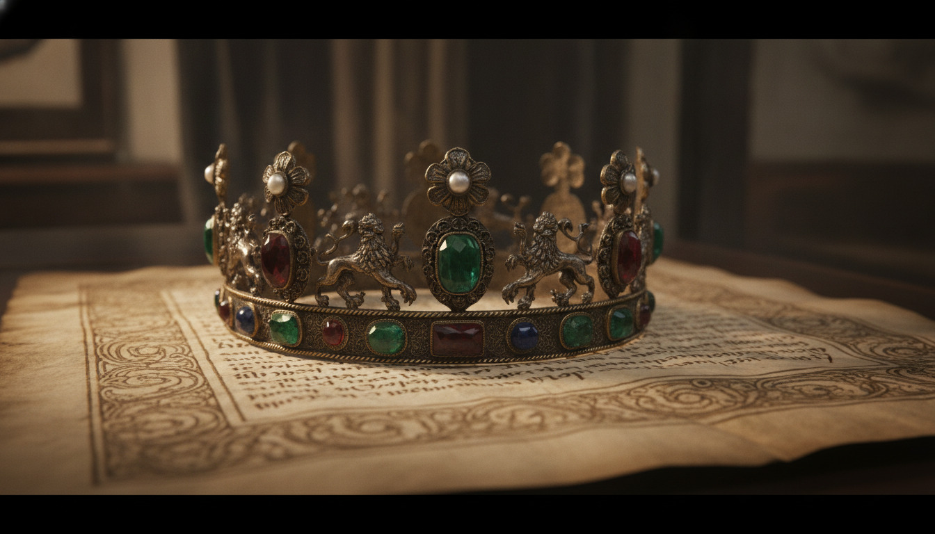 Ornate middelalderlig krone med ædelsten på gammelt pergament med dekorativ ramme.