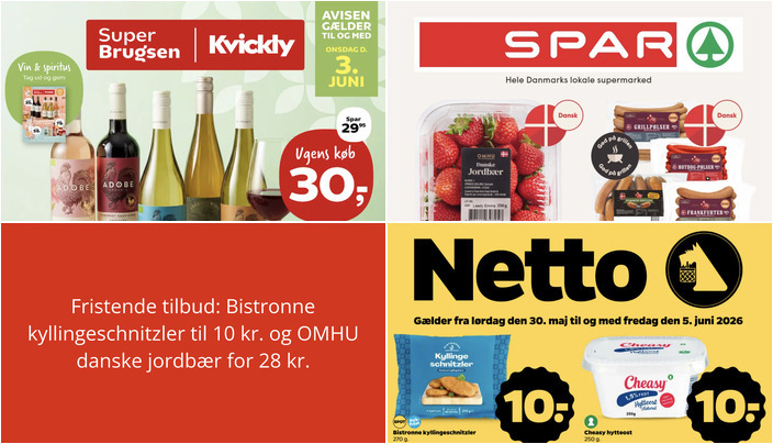 Fristende tilbud: Bistronne kyllingeschnitzler til 10 kr. og OMHU danske jordbær for 28 kr.