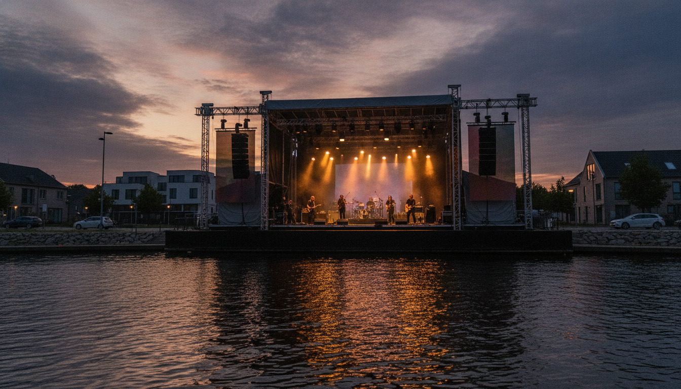 Musikfestival-scenen med kunstnere på lyst opset under varmt lys og dramatisk himmel i solnedgang.