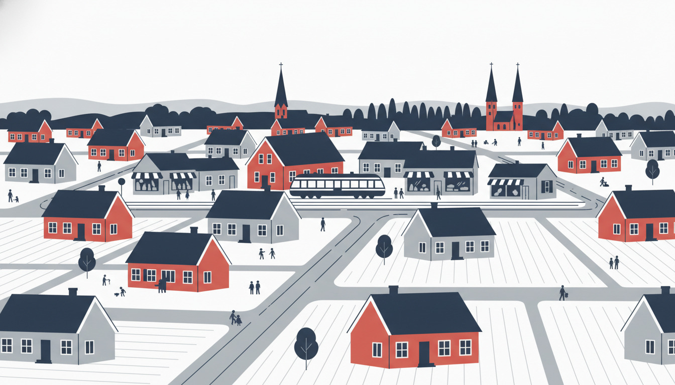 Stiliseret fladvektor-illustration af forstadsområdet Dianalund med spredt placerede enfamiliehuse, tage i rødt og grået, kirketårne i baggrunden, centralstation med sporvogn, træbeplantede gader og figurerer der går.