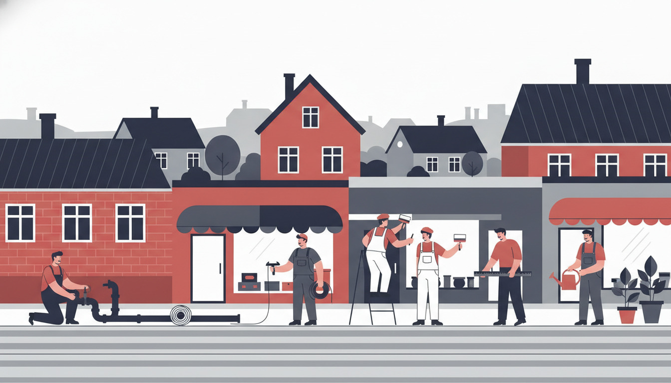 Fladt vektorillustration af håndværkere og servicefolk på arbejde foran Solbjerg-villaer: rørmand, elektriker, maler, tømrer og gartner med værktøj og planter mod 1960er-70er huse.