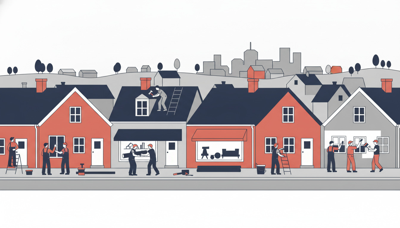 Dansk boligstrasse med håndværkere i arbejde: tømrere, malere, elektrikere og VVS-folk udfører renoveringer på røde og grå einfamiliehuse med sort tag.