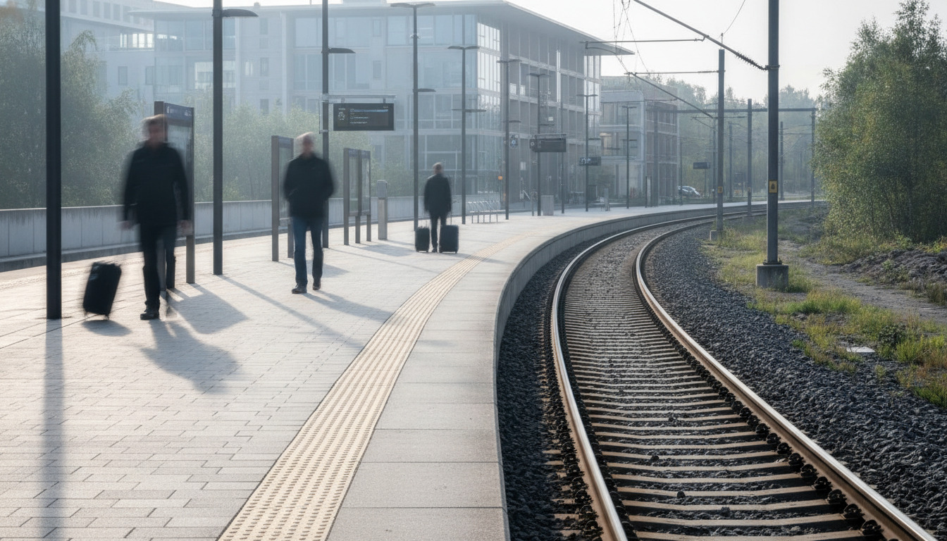 Nærbillede af togsperrens kant med taktilt pavingbånd, skinner og skygger, få uskarpe passagerer i kulden.