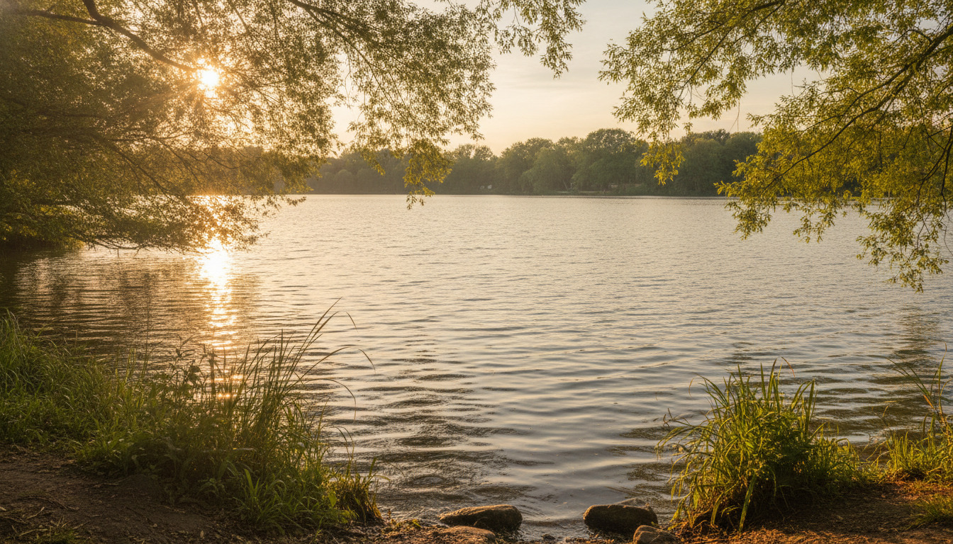 Søvand med gylden solnedgang, træer og siv i forgrunden—naturlig parkscene.