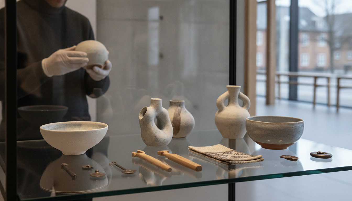 Keramiske kunsthåndværksgenstande på museumshylde med hænder, der undersøger en lerkar.
