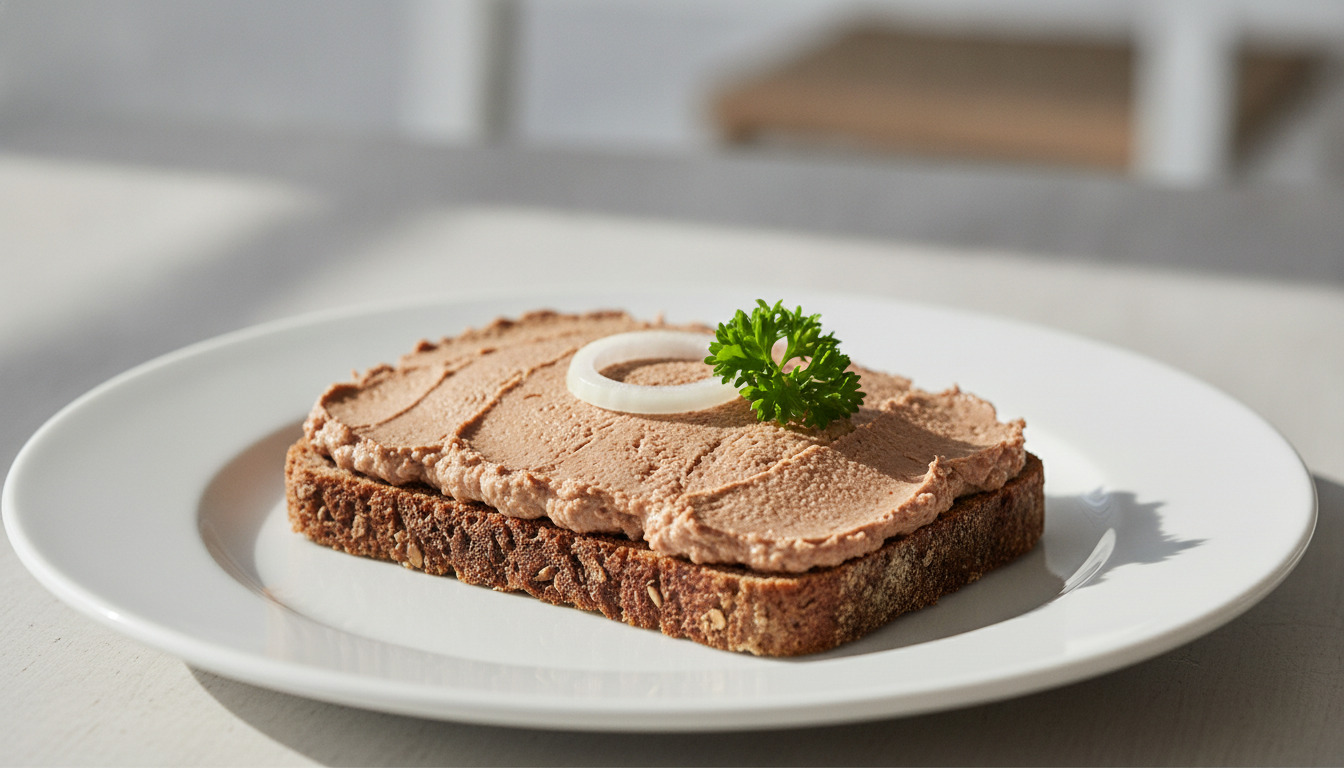 Åbent smørrebrød med leverpostej på rugbrød, garneret med løg og persille på hvid tallerken.