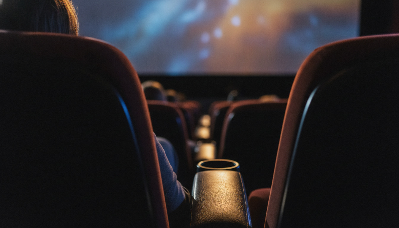 Tæt optagelse af en filmbiograf-stol med varm belysning fra filmskærmens glow.