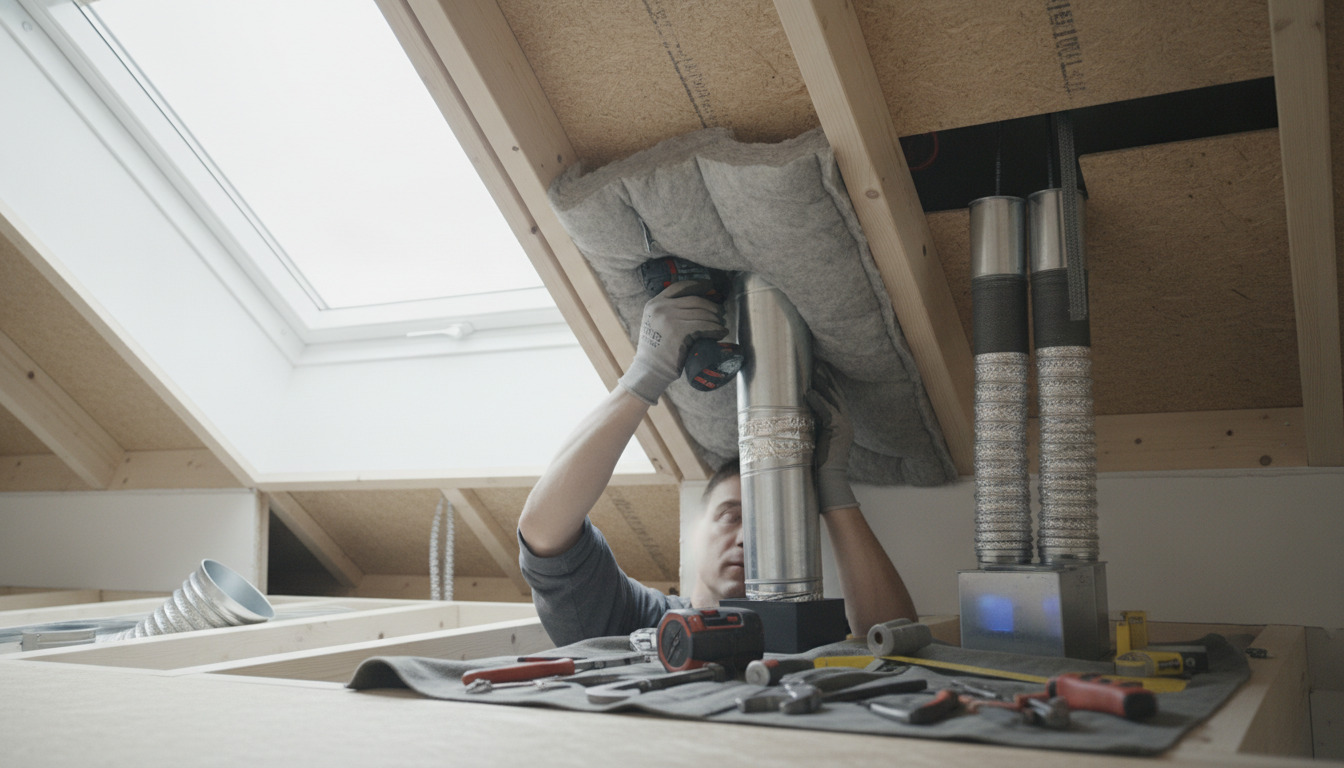 Hånd med arbejdshandske installerer ventilationskanal og isolering i loftshuling med værktøjer og nordisk dagslys.
