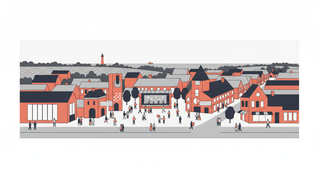 En livlig kystbystoreplads med røde mursten kulturelle bygninger, herunder et bibliotek med store vinduer, museum og biograf arrangeret omkring en central plads med en lille scene, befolket med bysbørn, der nyder sommeraktiviteter.
