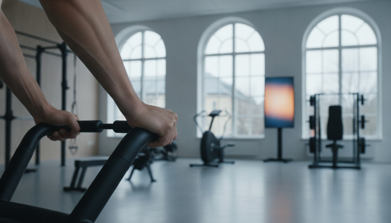 Tætbillede af hænder på træningsapparatets håndtag i moderne fitnessmiljø.