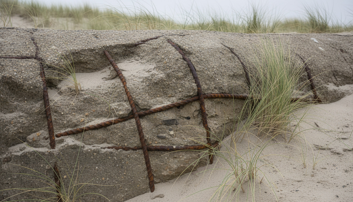 Detaljefoto af rustent jernbeton og sandslibt overflade med strandkval voksende imellem.