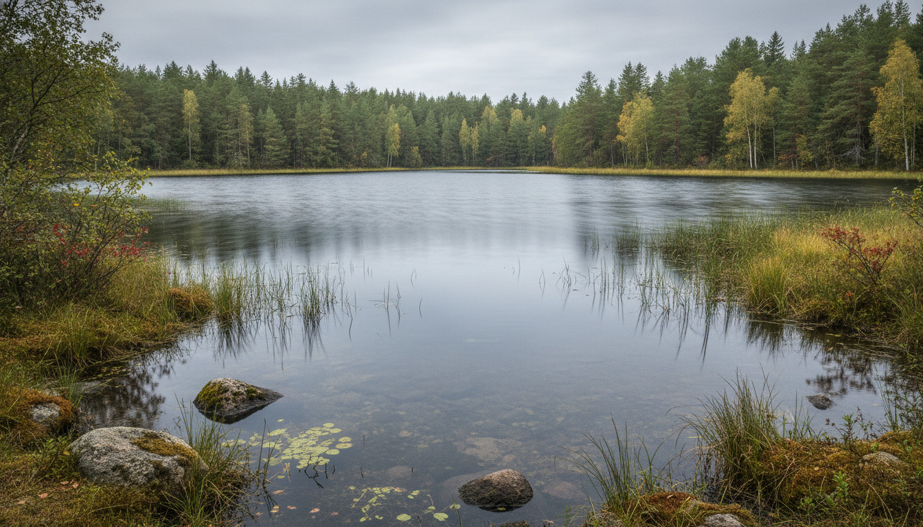 Tæt på: stille sø med mosgroede sten, vandplanter og spejlende vandoverflade under nordisk himmel.