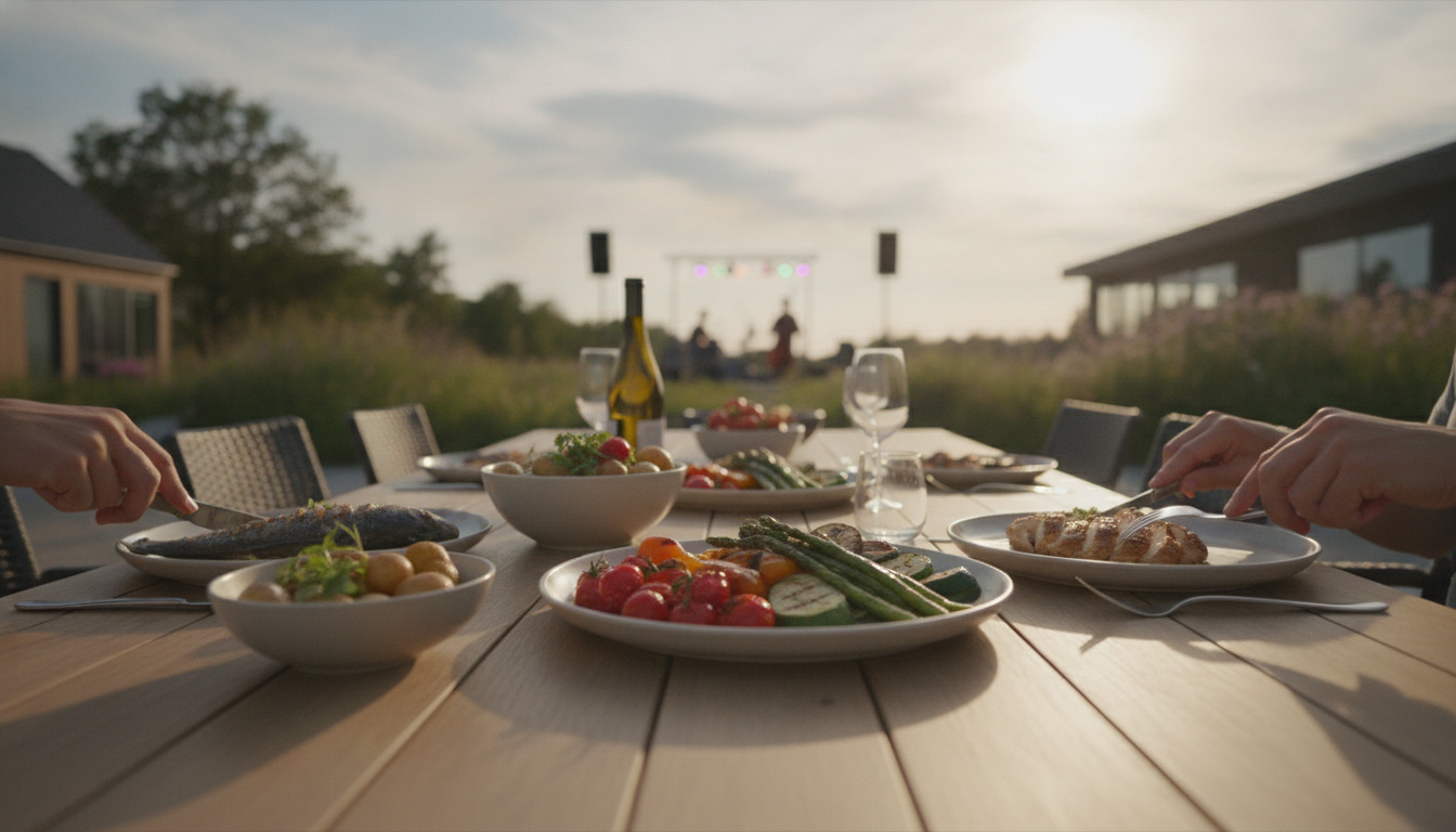 Nærbillede af dækket udendørsbord med grillmad, grøntsager og glas vin i aftenlys.