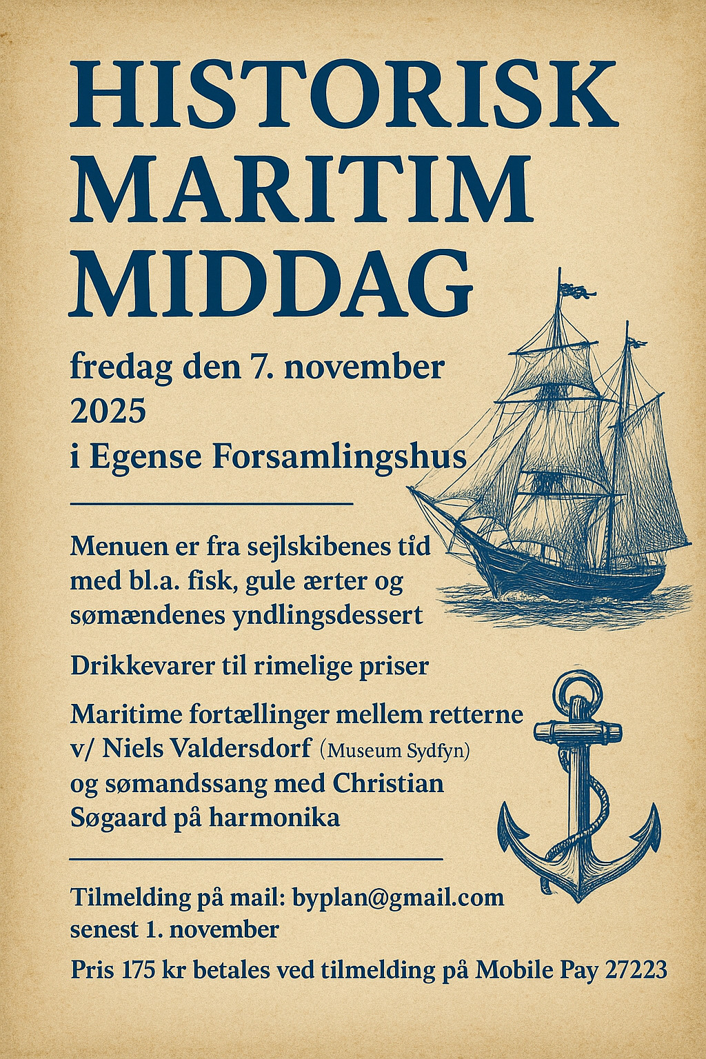 Maritim aften i Egense Forsamlingshus: Middag, fortællinger og musik