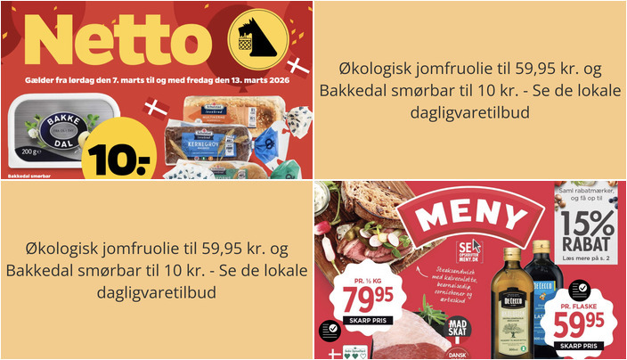 Økologisk jomfruolie til 59,95 kr. og Bakkedal smørbar til 10 kr. - Se de lokale dagligvaretilbud