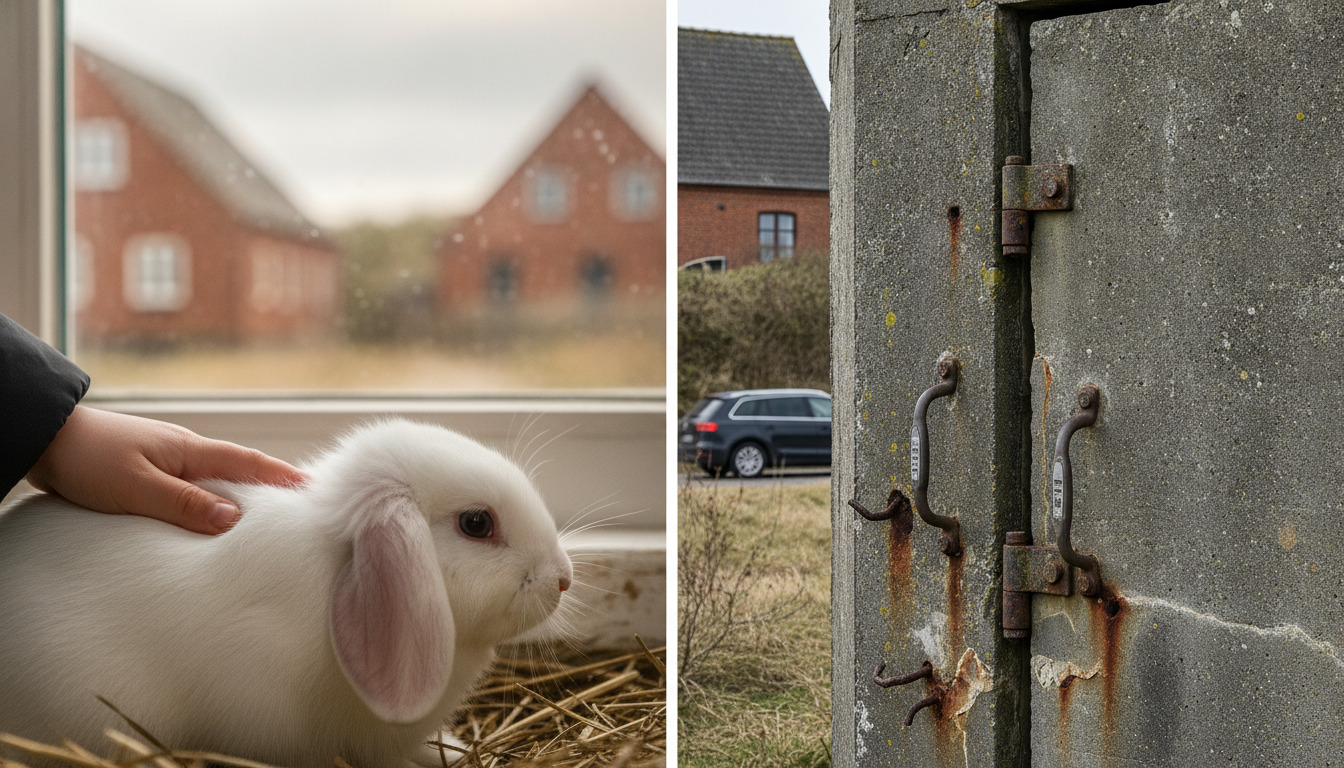 Delt billede: venstre viser hånd på hvid kanin; højre viser rustne metaldetaljer på beton.