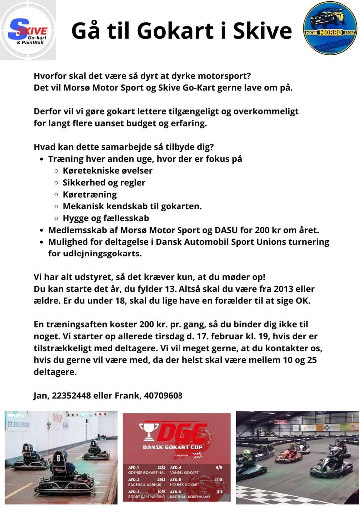 Skive Gokart og Paintball Center tilbyder gokart-træning fra 17. februar