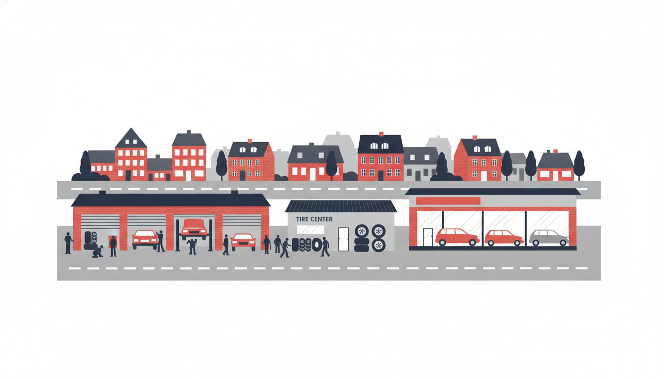 Fladvektor-illustration af Give's autoserviceområde: mekanikere i røde garagearkader servicerer køretøjer, herunder en på et hydraulisk lift, et dækcentrum viser hjul og dæk, en bilforhandling udstiller tre køretøjer, med danske tæthuse og tage i baggrunden.