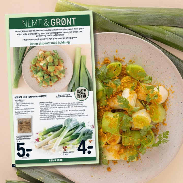 Nem og grøn opskrift med porrer til kun 4 kr. hos Rema1000 Gærumvej!